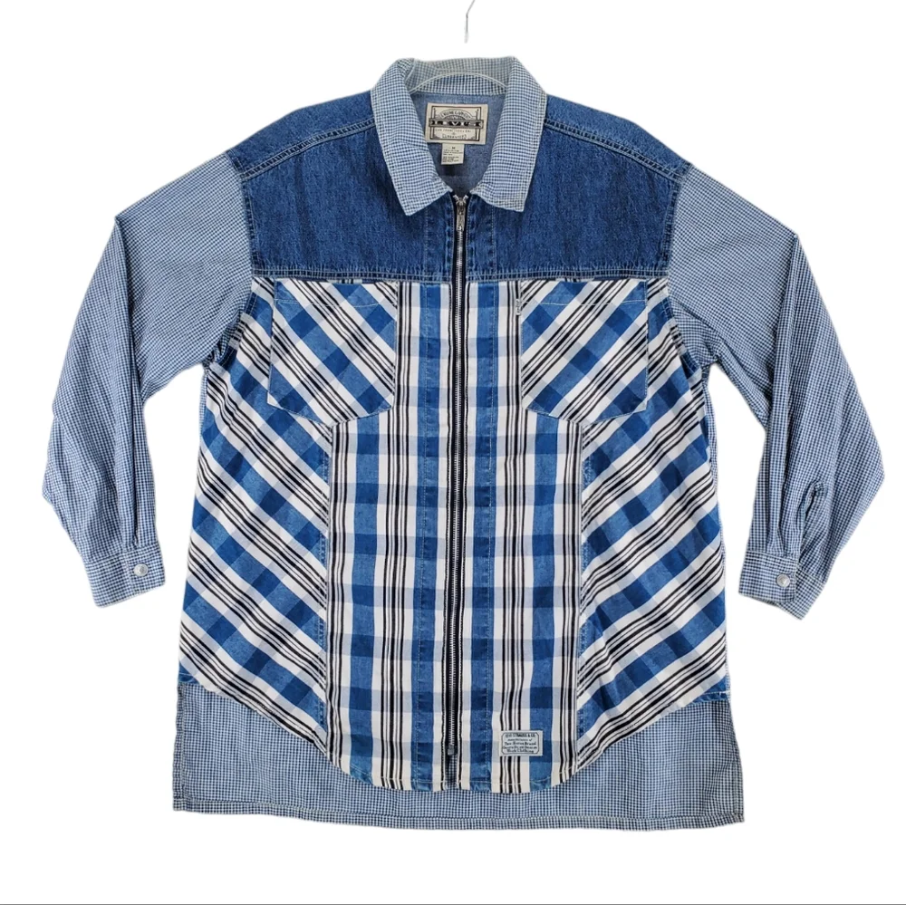 Vtg Levis Shirt Mens M Blue White Plaid Check 3/4 Sleeves Full Zip